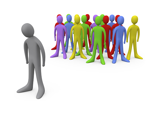 Royalty-free 3d computer generated people clipart picture image of a sad gray person standing alone near a crowd of different colored people, symbolizing depression, bullying, standing out from the crowd, etc.